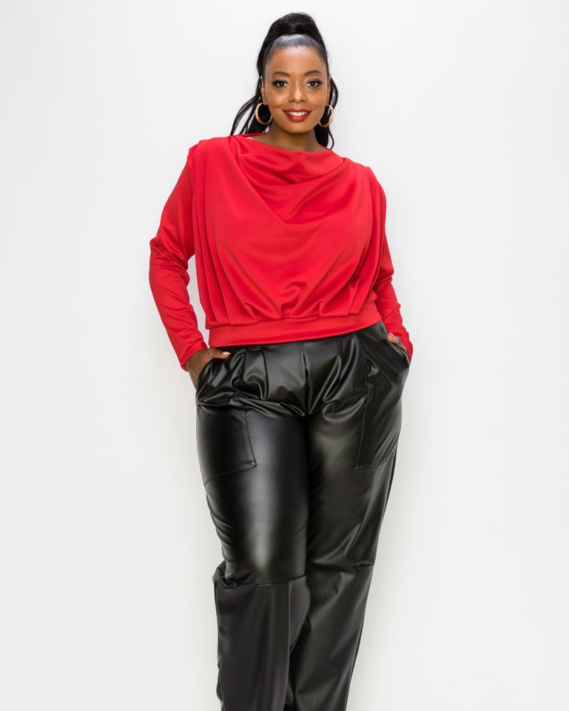 Front of a model wearing a plus size Noelle Cowl Neck Top in Red Dark by L I V D. | dia_product_style_image_id:240590